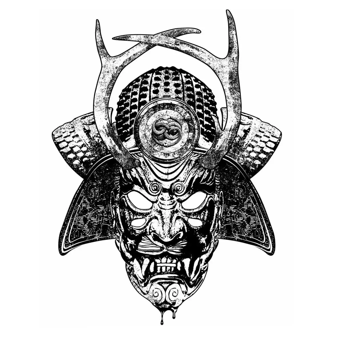 Black-and-white samurai mask illustration used for Chronoboros